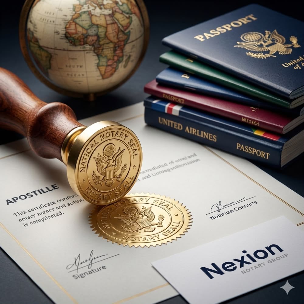 Passports and certified travel documents with a notary seal