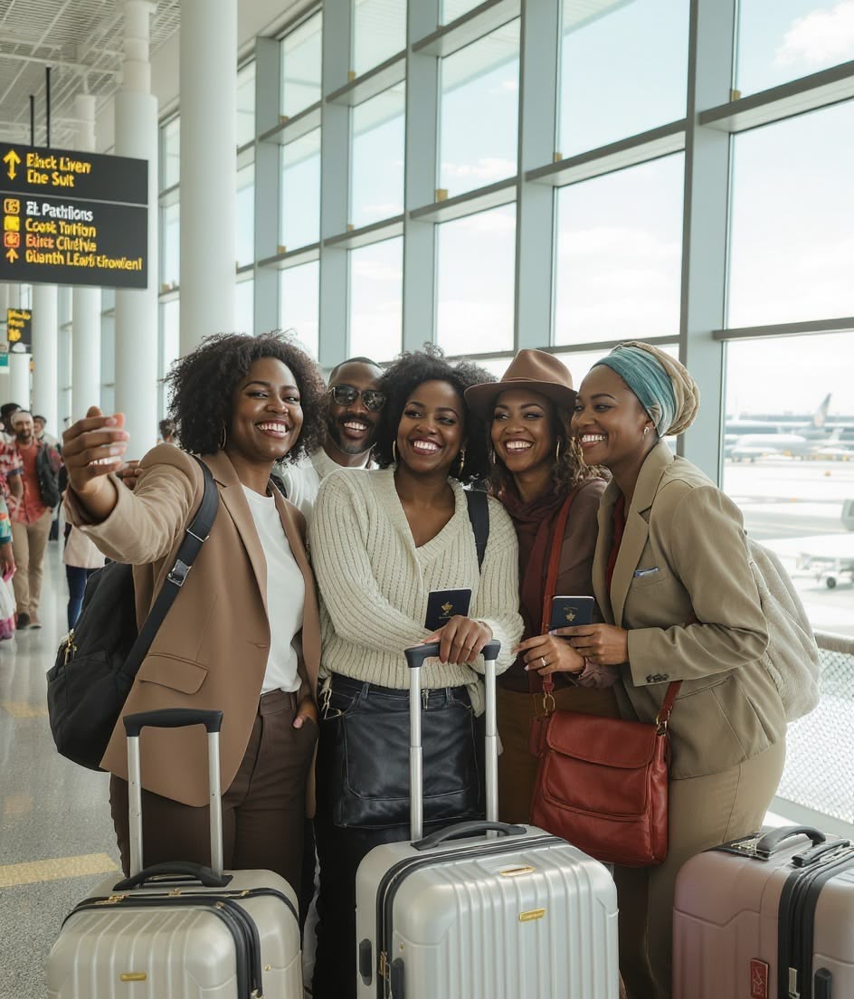 Group of travellers celebrating at the airport terminal