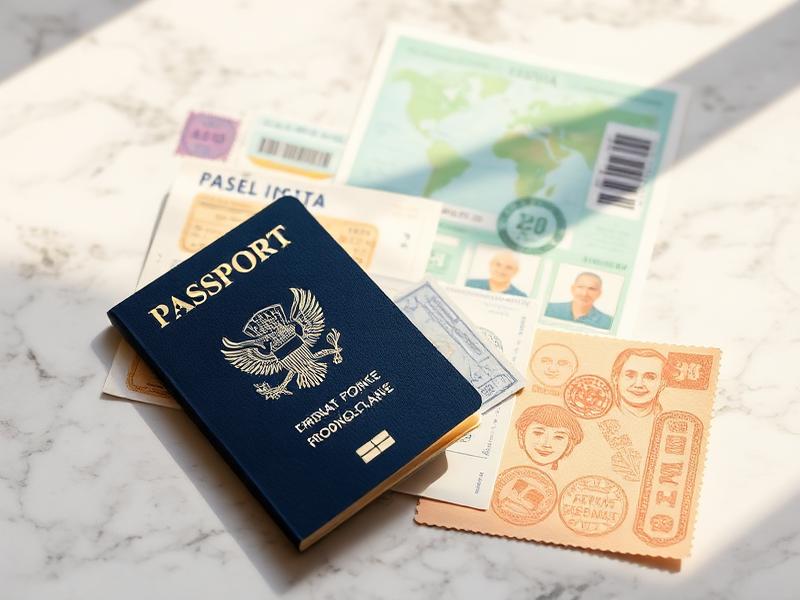 Passport, visa stamps and boarding passes