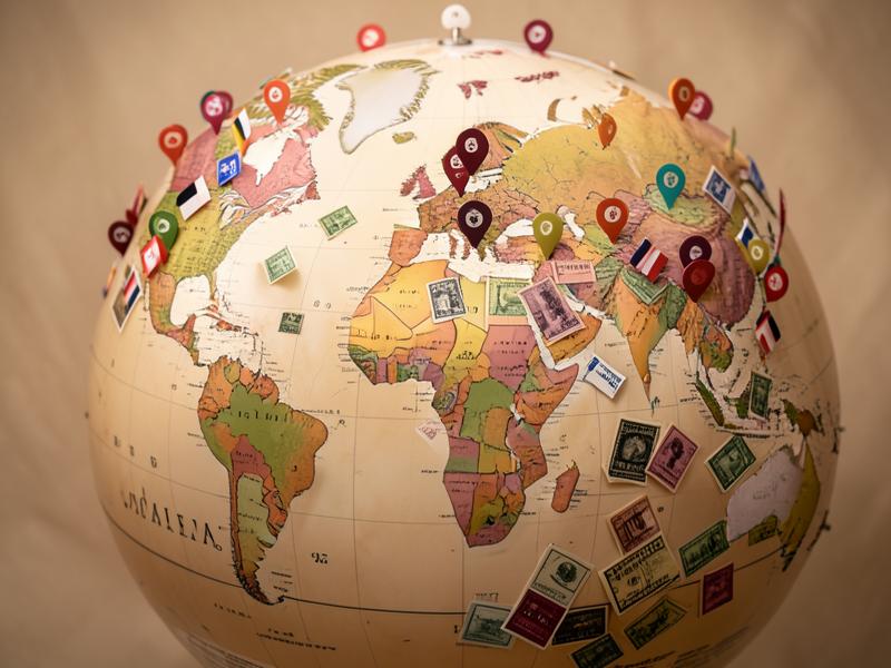 Globe marked with travel pins and passport stamps